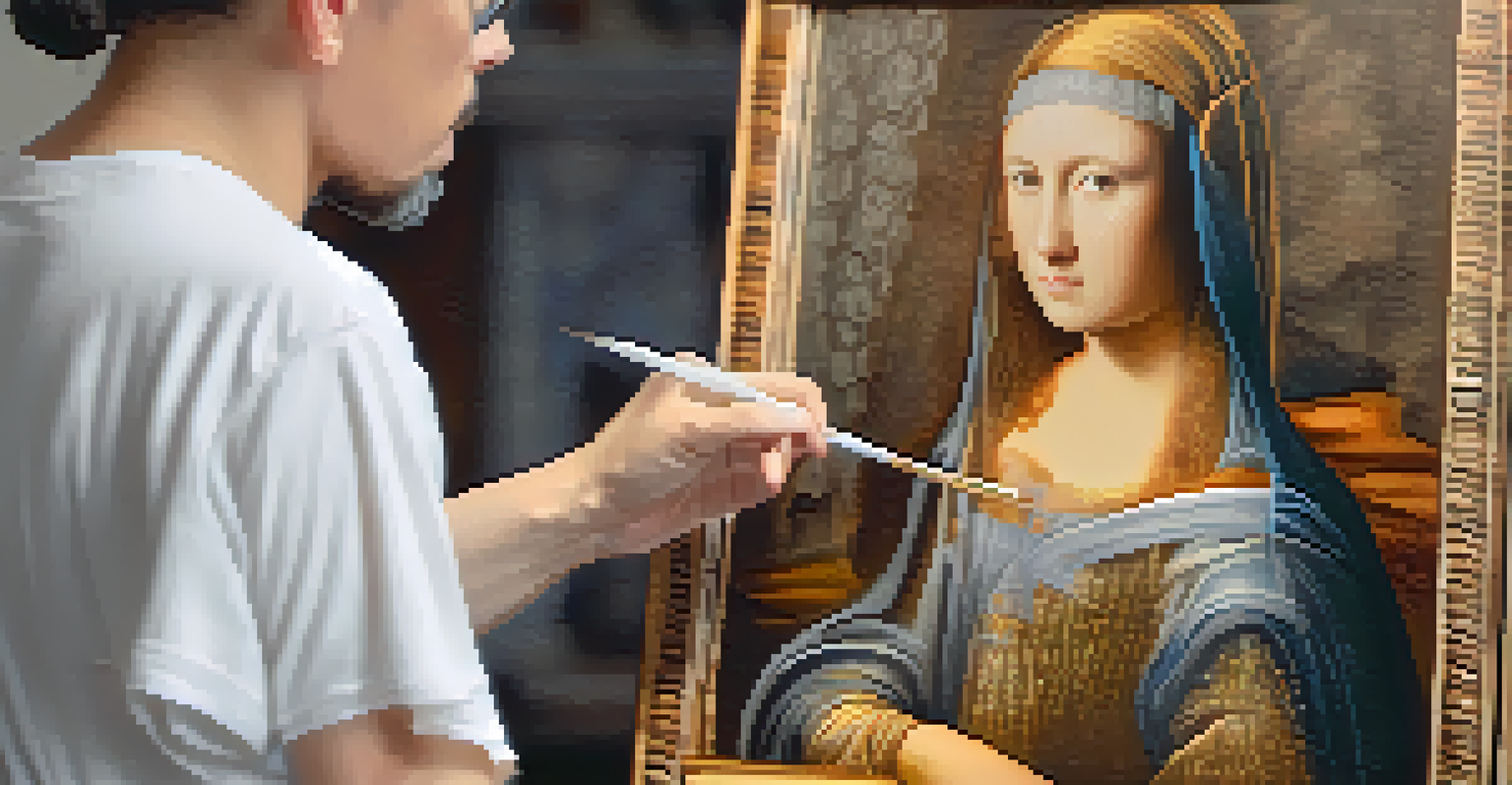 A close-up of an artist painting a portrait using oil paints and a sable brush, showcasing the technique of sfumato.