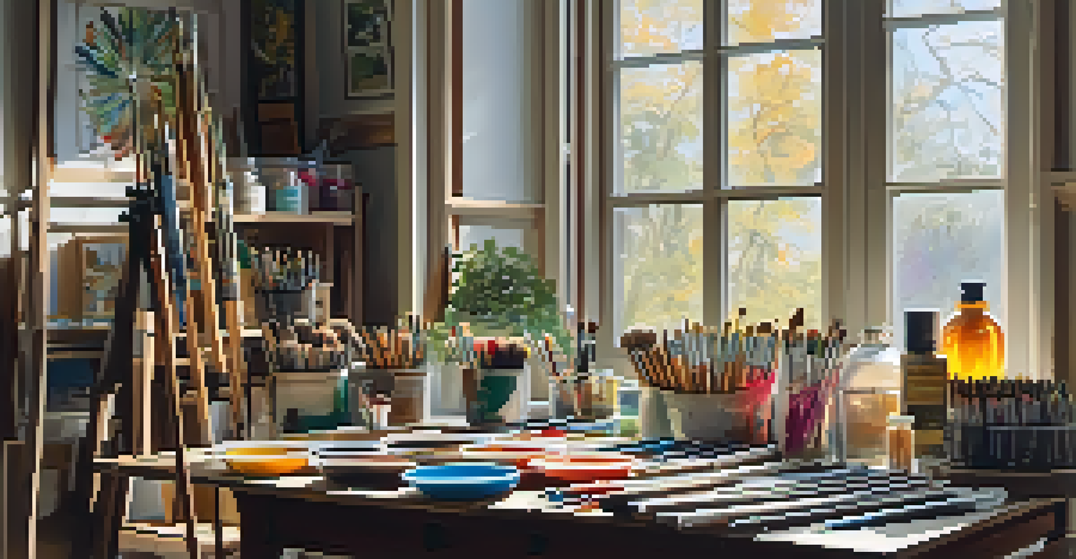 An artist's studio with art supplies and natural light coming in from a window, creating a warm and inviting ambiance.