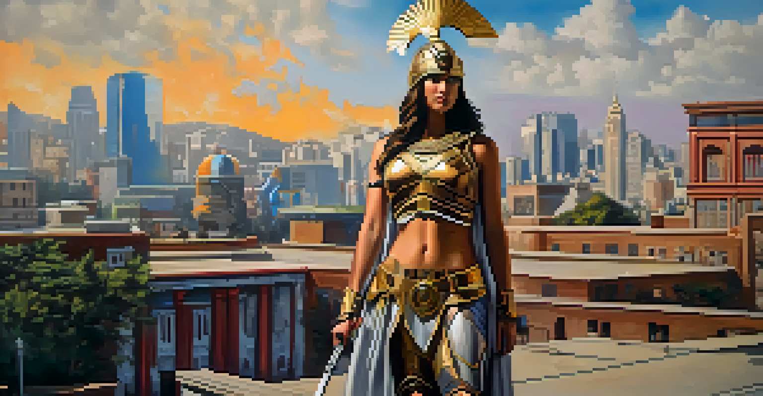 The goddess Athena in armor set against a modern urban landscape with buildings and graffiti.