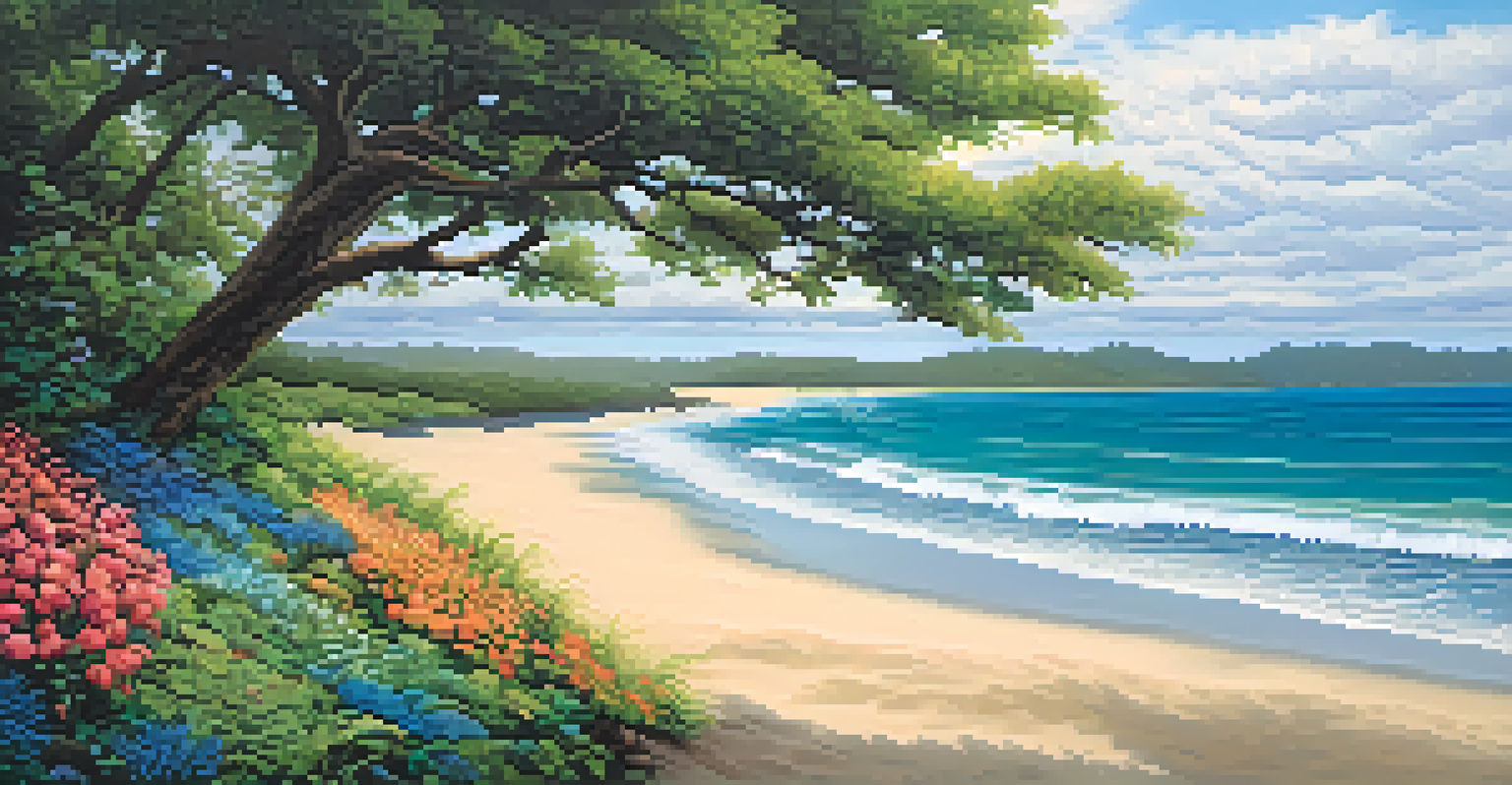 An artistic depiction of a forest meeting the ocean, showcasing vibrant flora and gentle waves.
