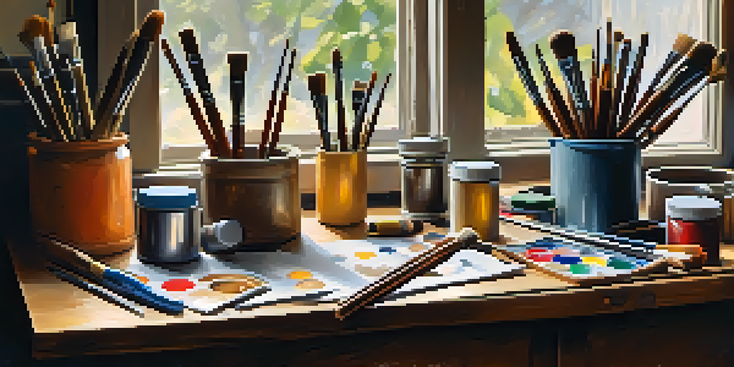 An artist's workspace with painting tools like brushes and rollers, illuminated by natural light.