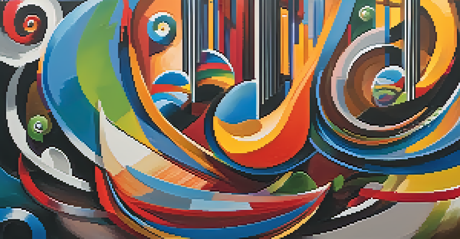 An abstract artwork depicting music with vibrant colors and swirling notes, illustrating the connection between sound and visual art.