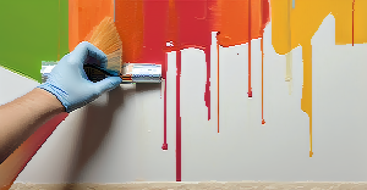 A close-up of a hand applying painter's tape on a wall edge, with a clean brush and paint tray in the background.
