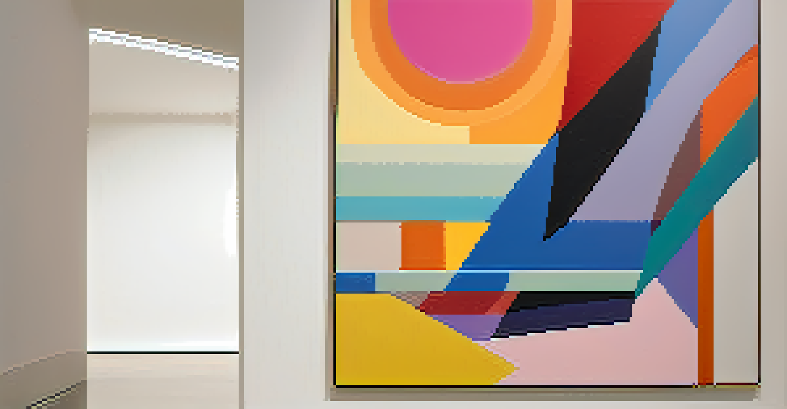 A close-up of a modern abstract painting with vibrant colors and textures displayed in a minimalist gallery.