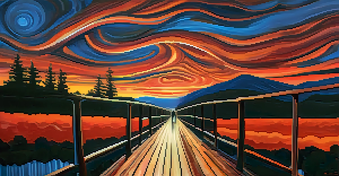 A figure stands on a bridge, screaming against a swirling, colorful sky that captures feelings of angst and turmoil.