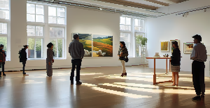 An art exhibition with diverse visitors discussing contemporary artworks under bright natural light.