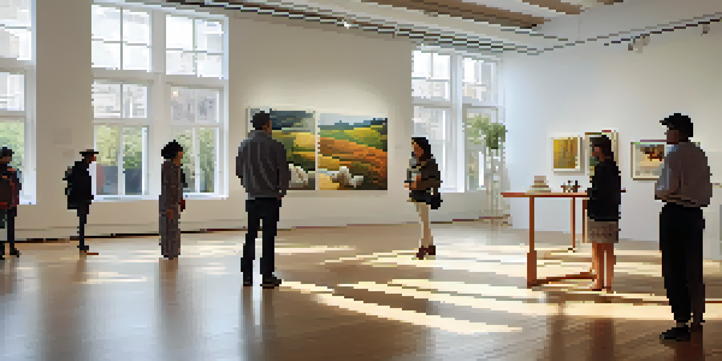 An art exhibition with diverse visitors discussing contemporary artworks under bright natural light.