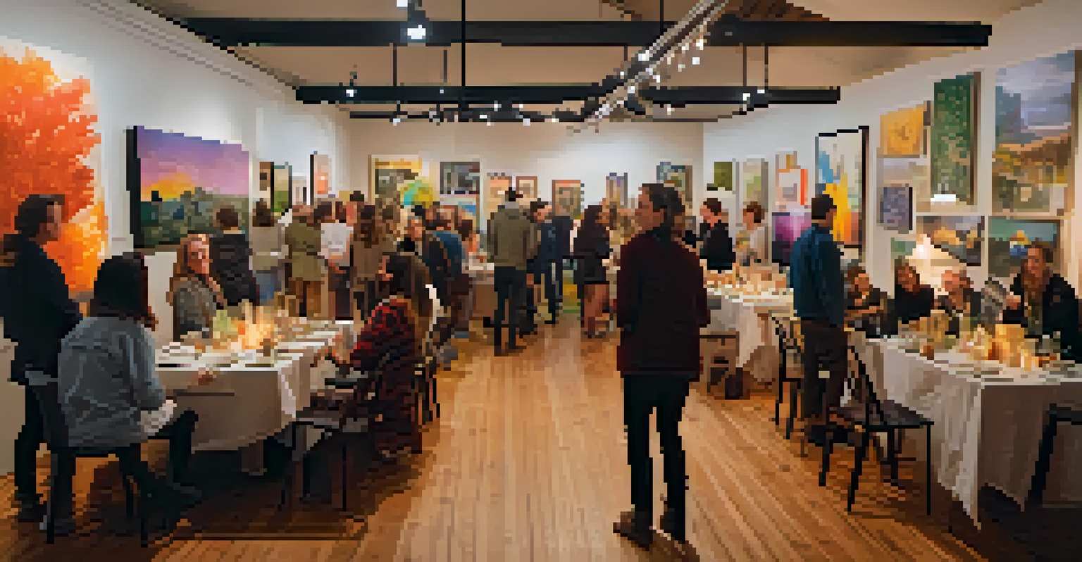 A cozy art collective event with artists and collectors discussing in a studio filled with eclectic artworks and warm lighting.