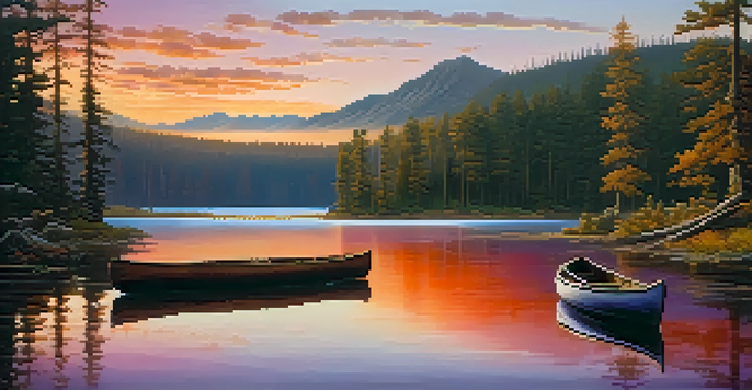 A colorful sunset over a calm lake with pine trees and a wooden canoe on the shore.