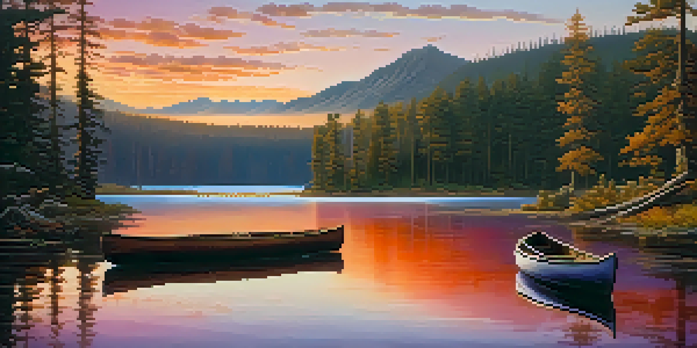 A colorful sunset over a calm lake with pine trees and a wooden canoe on the shore.