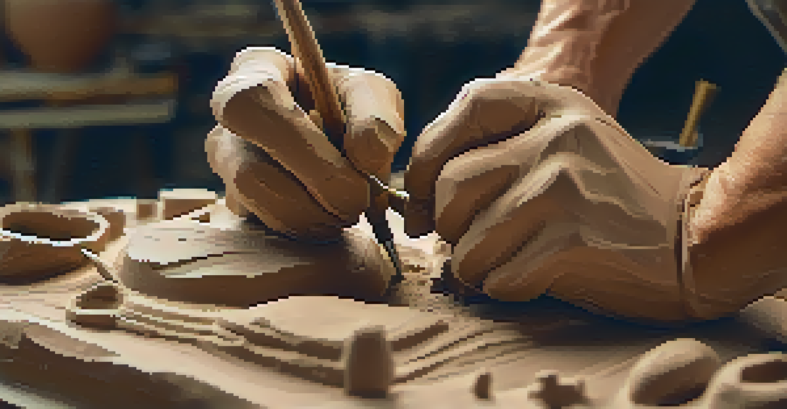 An artist's hands sculpting clay, showcasing intricate details and tools in a well-lit workspace.