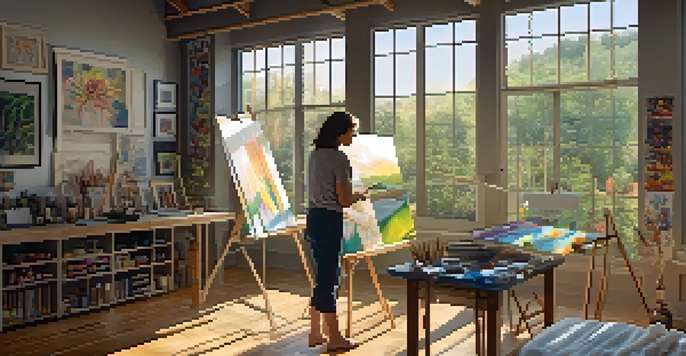 A middle-aged woman painting in a bright art studio filled with sunlight and colorful artworks.