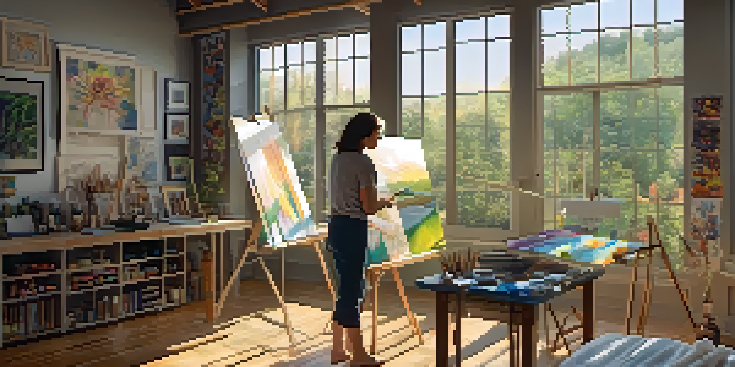 A middle-aged woman painting in a bright art studio filled with sunlight and colorful artworks.