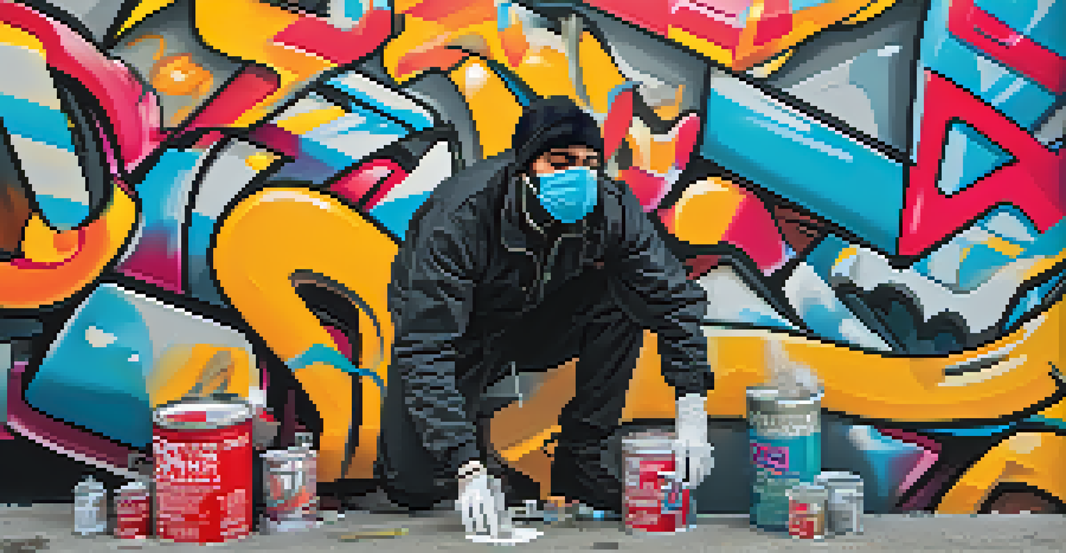 A graffiti artist spray painting a colorful abstract design on a wall, surrounded by paint cans, wearing a mask and gloves.
