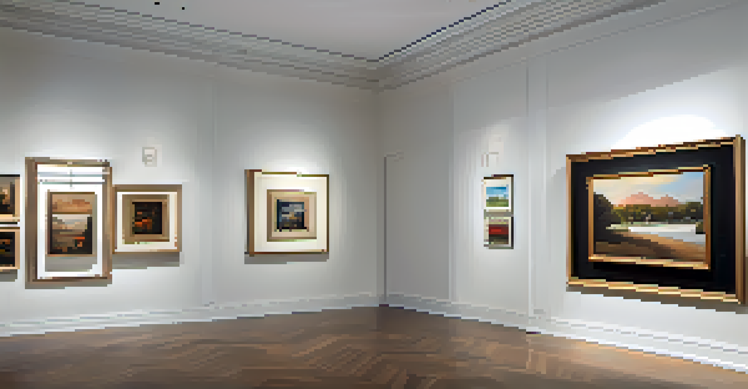 An art gallery with various artworks displayed on white walls, softly lit to enhance the viewing experience.