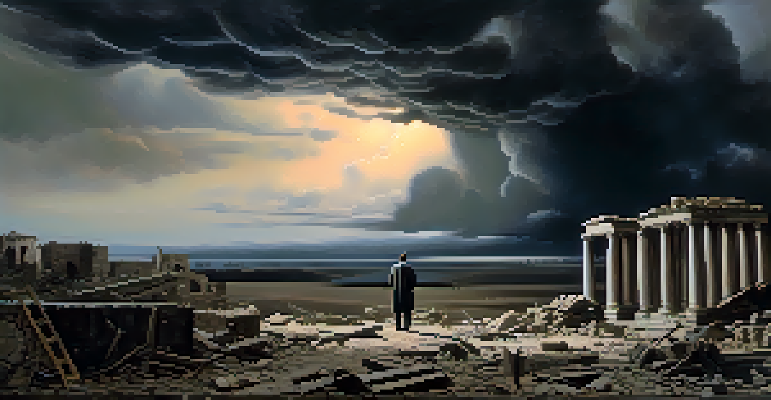 A painting depicting a lone figure amidst war ruins, with a somber landscape and contrasting light, conveying grief and reflection.