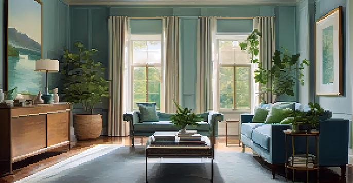 A peaceful room decorated in soft blue and green colors, with comfortable furniture and nature-inspired art, illuminated by natural light.