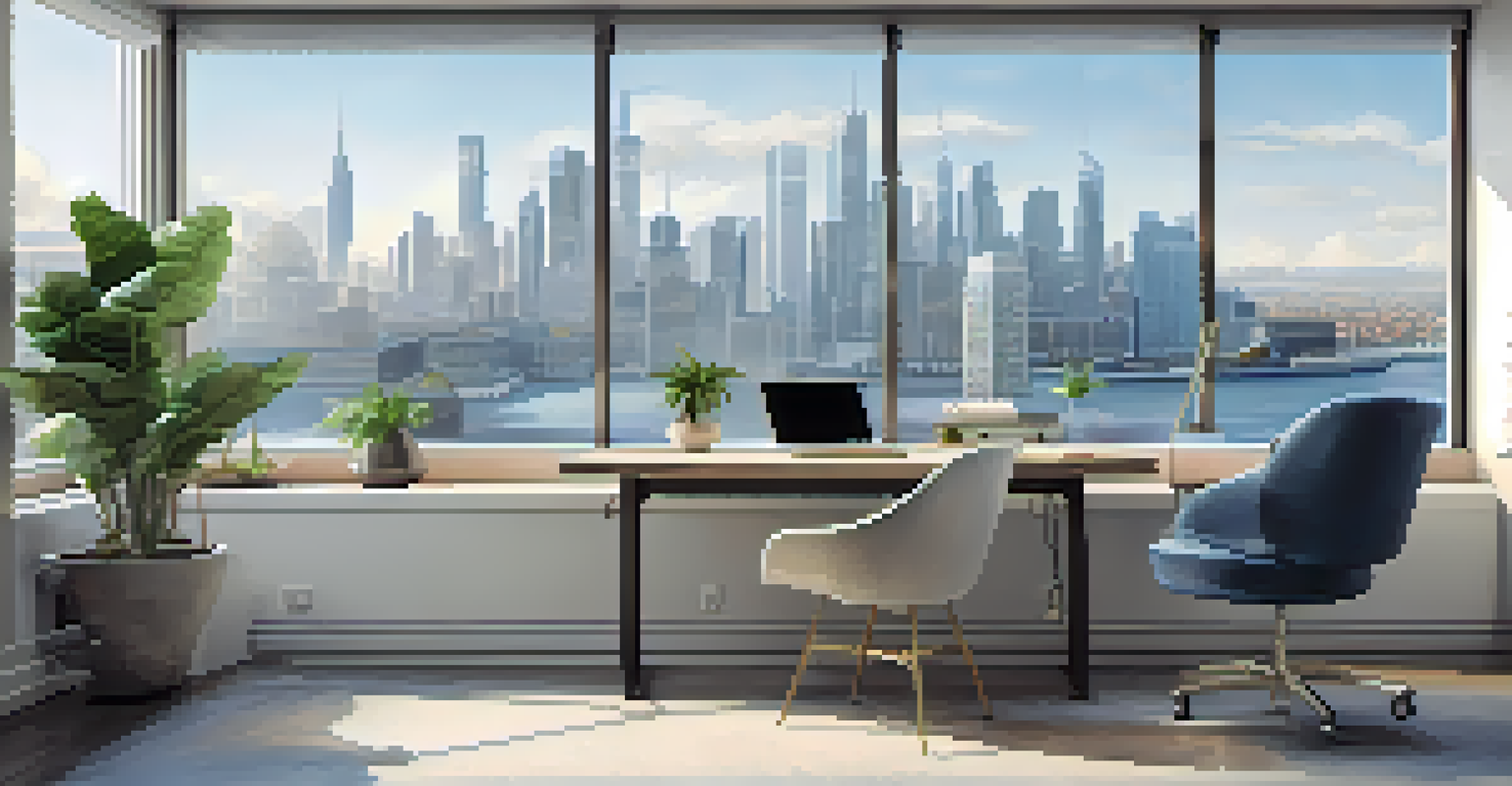 A stylish office space with blue and gray tones, a minimalist desk setup with a laptop and plants, and a view of the city skyline through a large window.