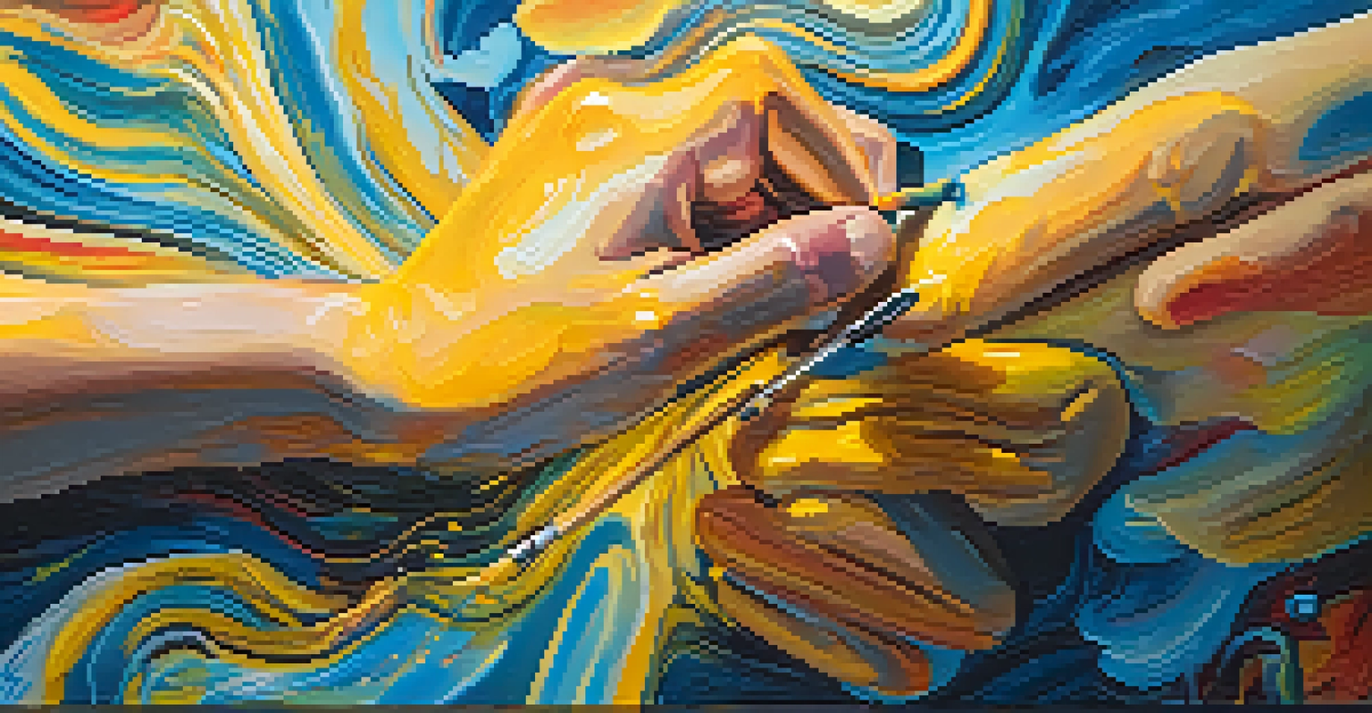 Close-up of hands painting a colorful canvas, with vibrant colors and expressive texture.