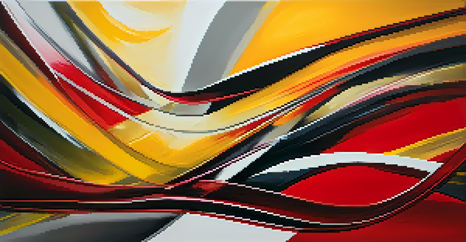 A vibrant abstract painting featuring bold red and yellow colors, exuding energy and excitement.