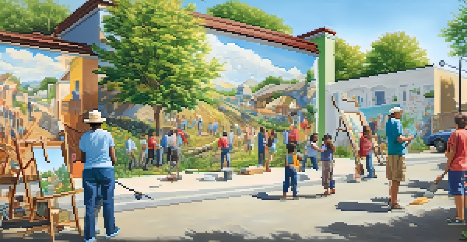 Residents of a community collaboratively painting a large mural that showcases their local life and culture on a sunny day.