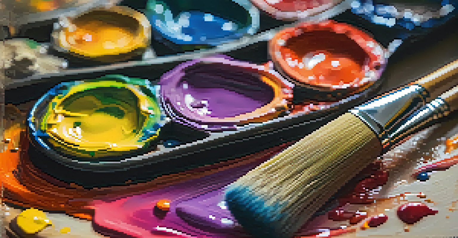 A detailed view of a colorful oil painting palette with thick paint textures and brushes nearby, against a softly blurred background.