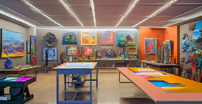 A modern art studio with 3D printing equipment and colorful artworks, illuminated by warm lighting.