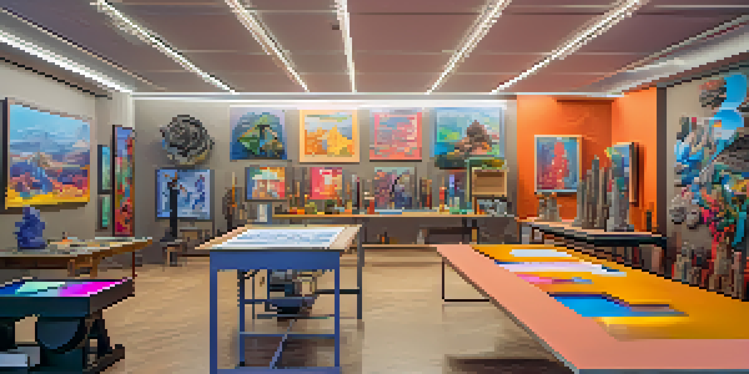 A modern art studio with 3D printing equipment and colorful artworks, illuminated by warm lighting.