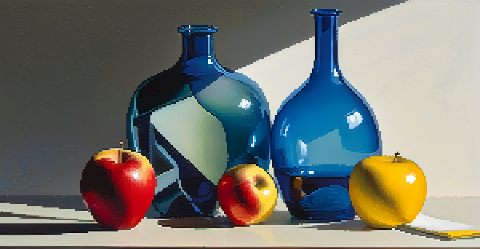 An abstract still life with geometric shapes, including a red apple, blue bottle, and yellow cloth, set against a muted gradient background with dramatic lighting.