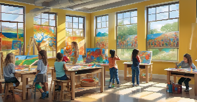 A lively art classroom with children creating various artworks, filled with colorful paintings and bright sunlight.
