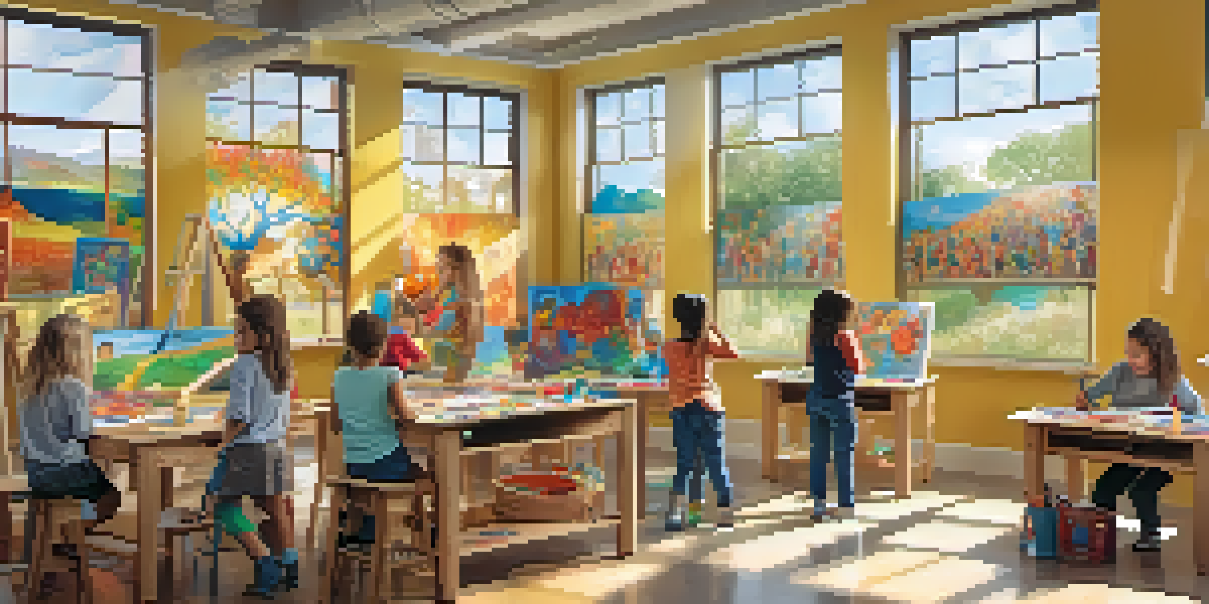 A lively art classroom with children creating various artworks, filled with colorful paintings and bright sunlight.