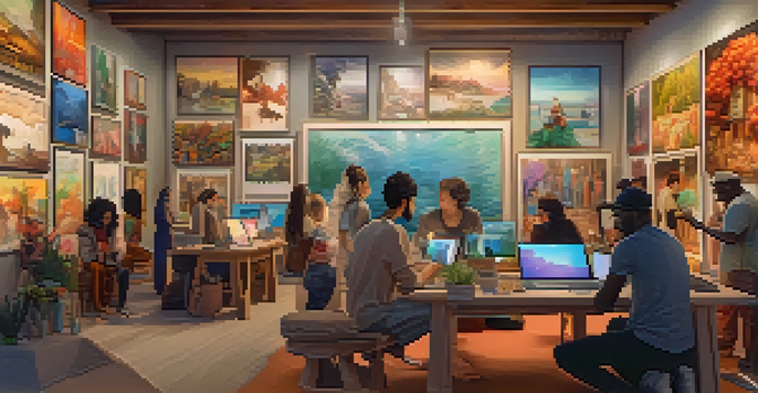A colorful digital art community with diverse artists in a virtual gallery, sharing and collaborating on their artwork.