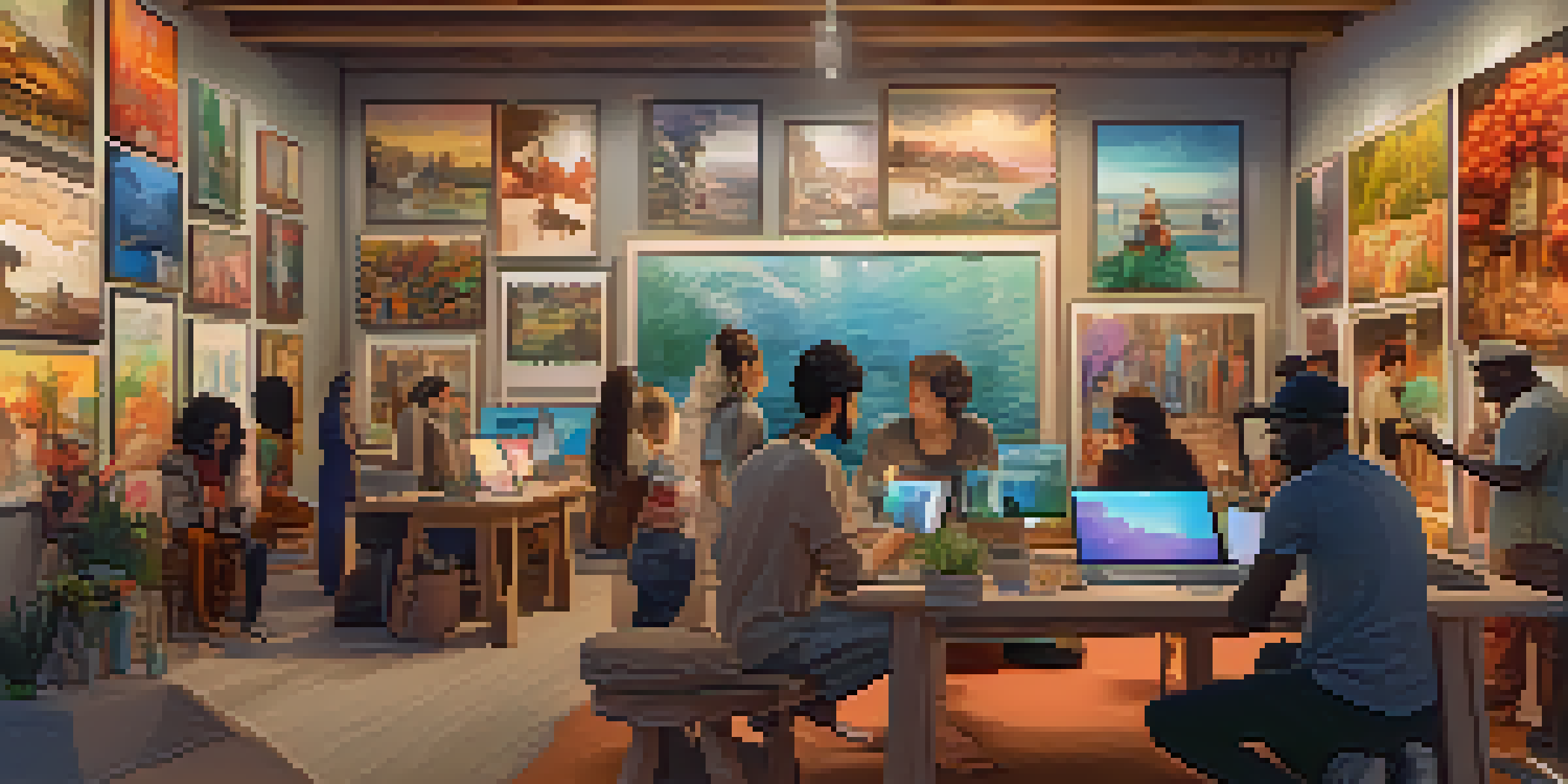 A colorful digital art community with diverse artists in a virtual gallery, sharing and collaborating on their artwork.