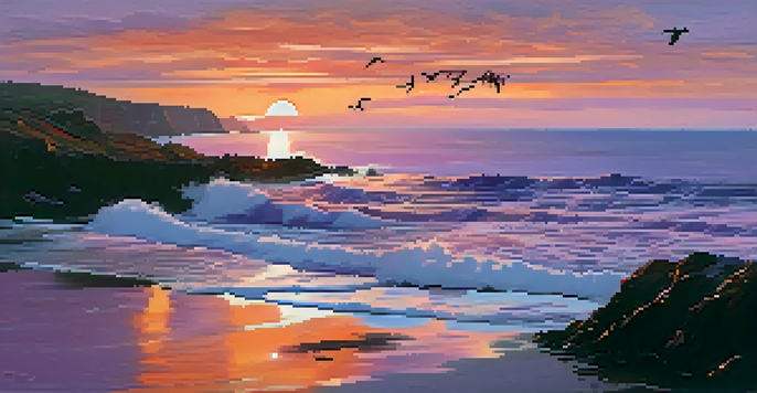 A tranquil coastal landscape during sunset with colorful skies and gentle waves.