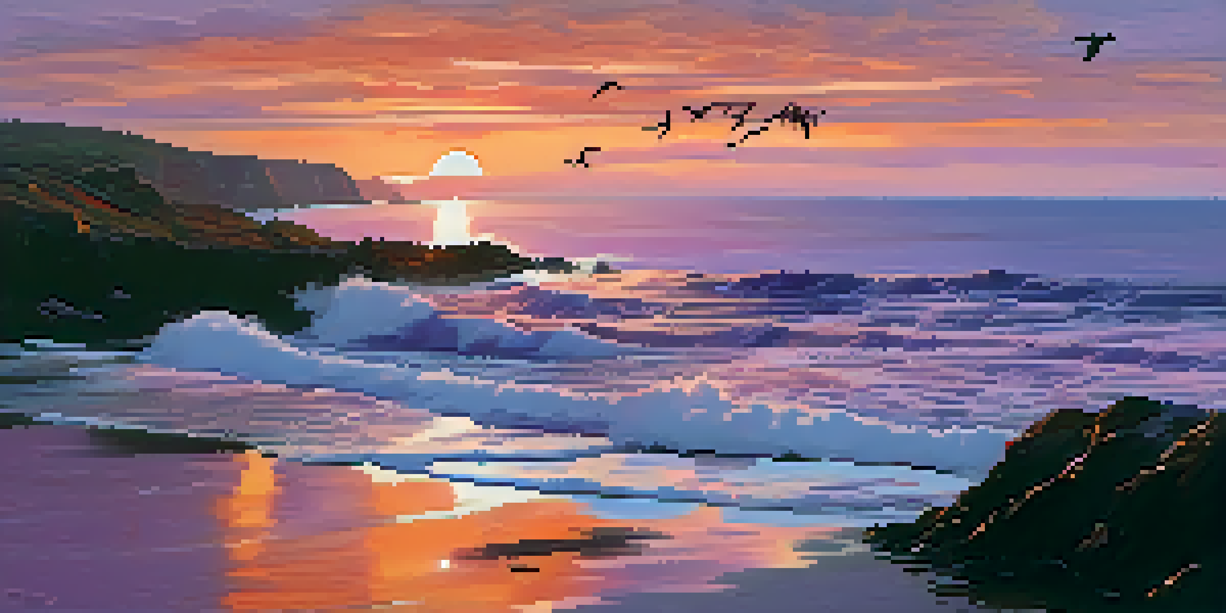 A tranquil coastal landscape during sunset with colorful skies and gentle waves.