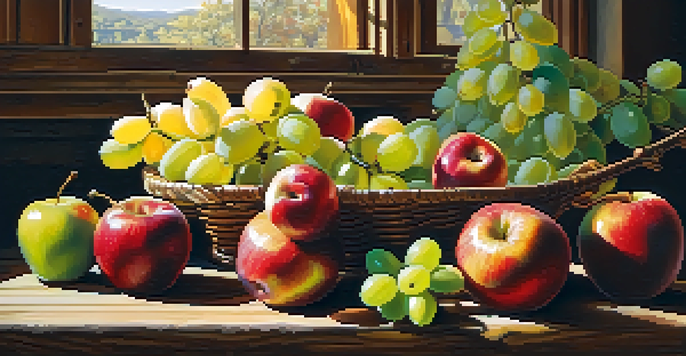 A colorful arrangement of fruits on a rustic wooden table, illuminated by warm sunlight with shadows.
