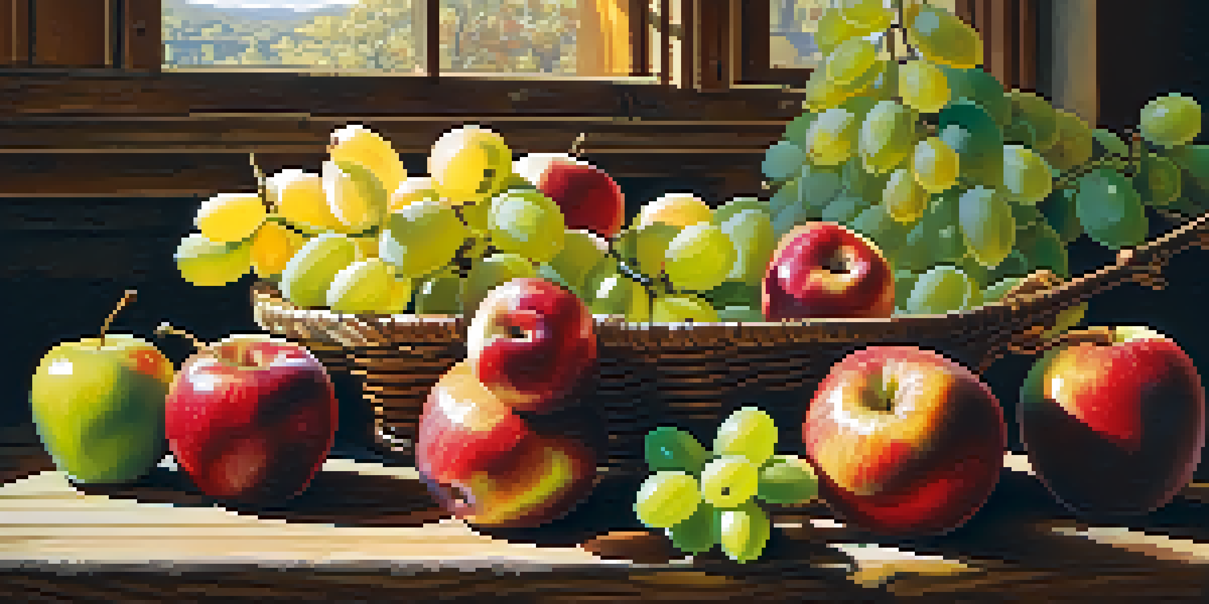 A colorful arrangement of fruits on a rustic wooden table, illuminated by warm sunlight with shadows.