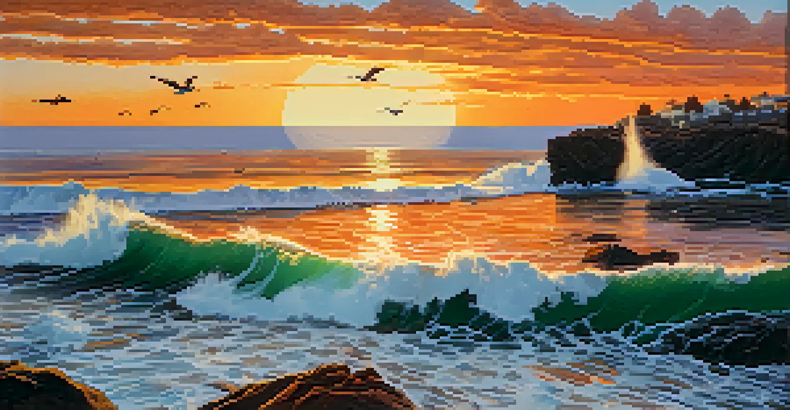 A dramatic sunset over a cliff by the sea, with warm colors and crashing waves.