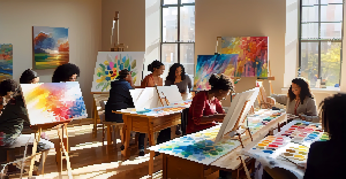 A group of individuals in a sunlit room participating in an art therapy session, painting on canvases with vibrant colors, surrounded by colorful artworks.