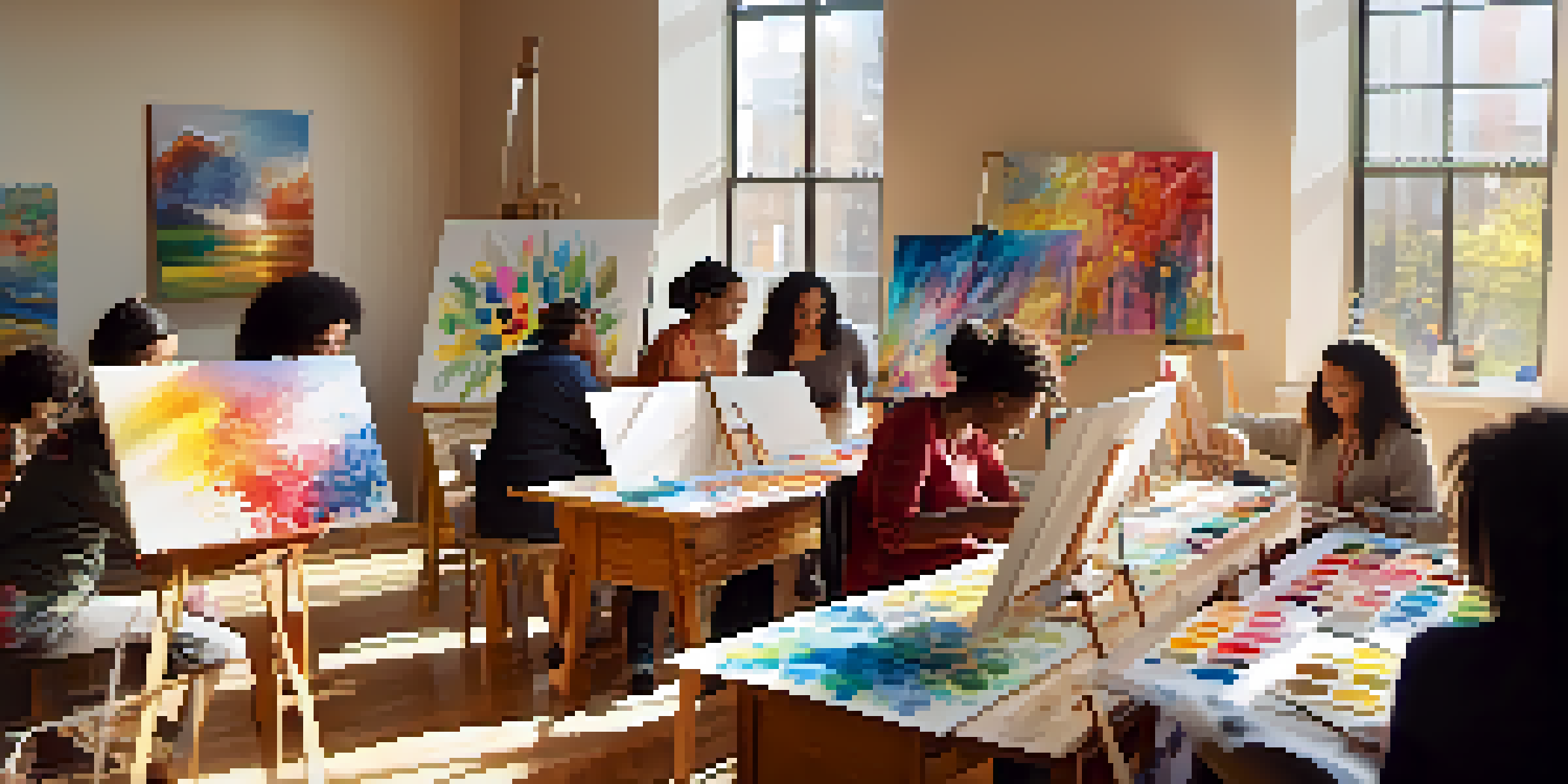 A group of individuals in a sunlit room participating in an art therapy session, painting on canvases with vibrant colors, surrounded by colorful artworks.