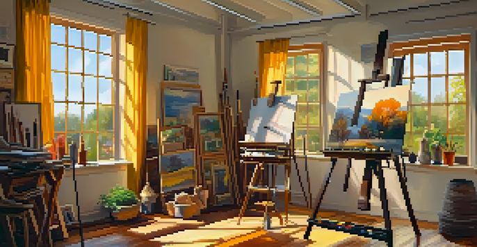 A warm, inviting art studio filled with colorful artworks and natural light, featuring an artist's easel and art supplies.