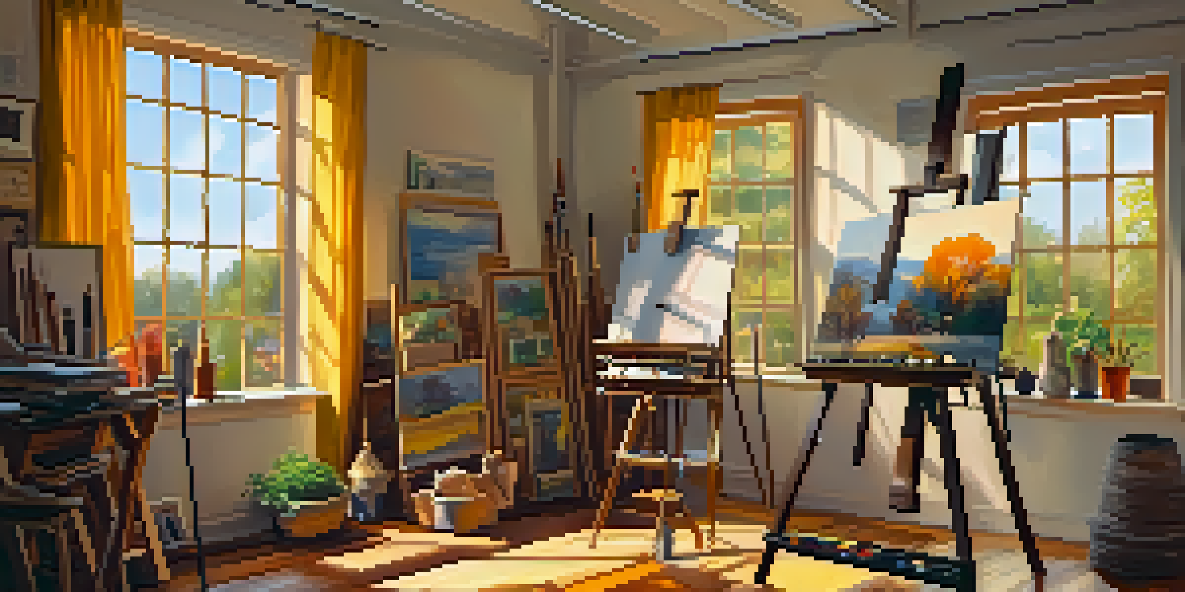 A warm, inviting art studio filled with colorful artworks and natural light, featuring an artist's easel and art supplies.