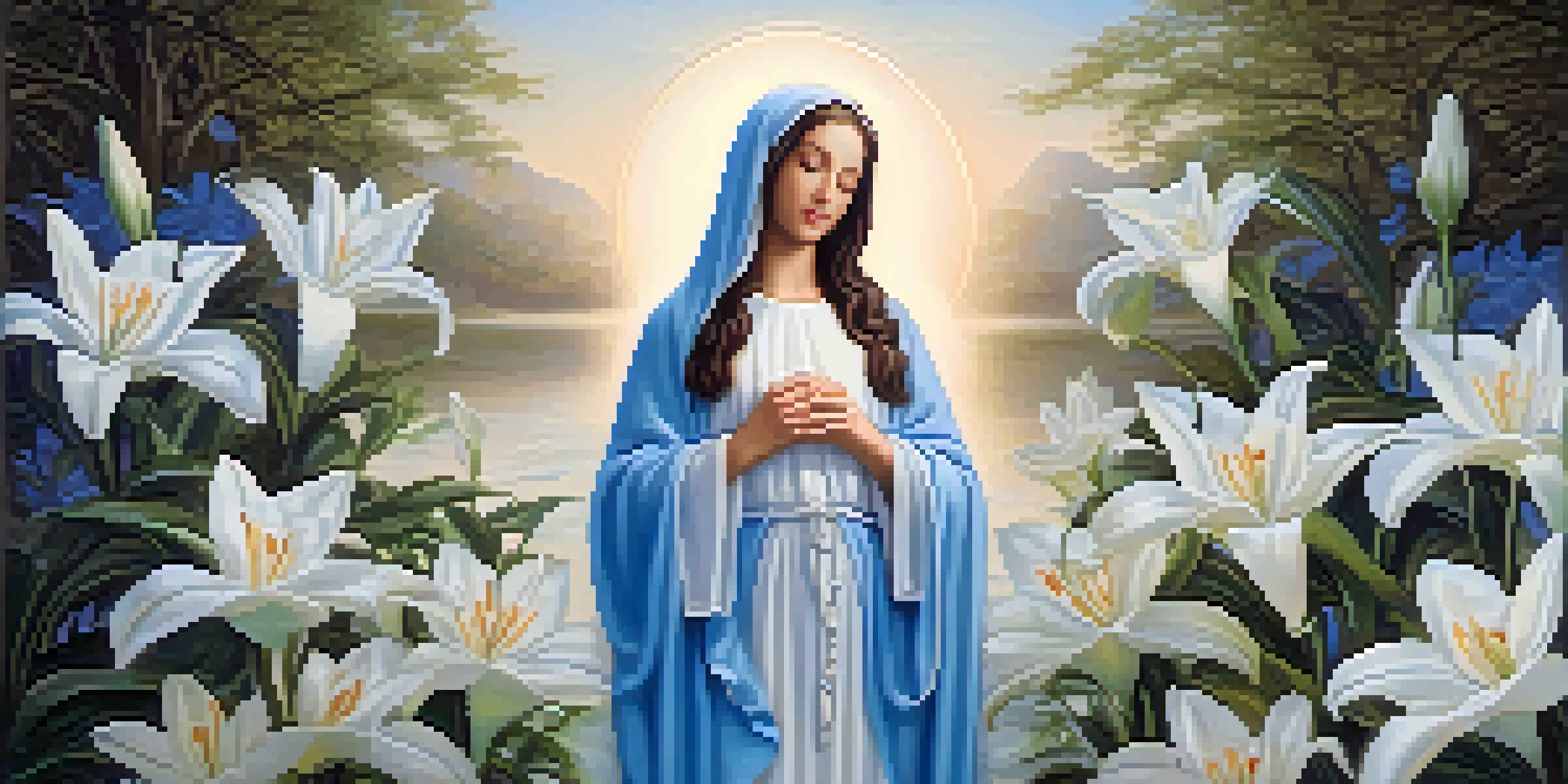 A calm image of the Virgin Mary with blooming lilies, signifying purity and motherhood, illuminated by soft blue light.