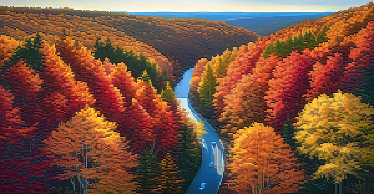 A colorful autumn forest from above with a golden sunset and a winding path, highlighting the beauty of fall foliage.