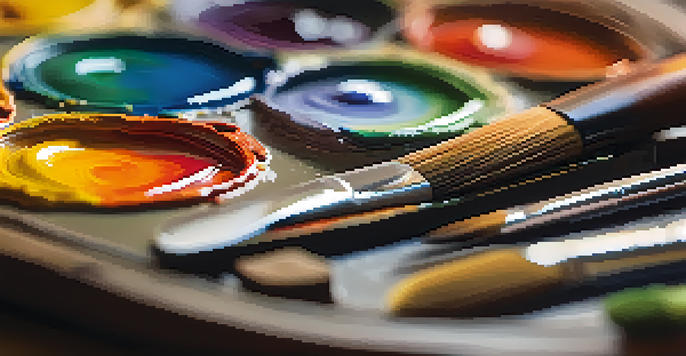 A detailed view of an artist's palette with various colorful oil paints and a brush, set against a softly blurred background.