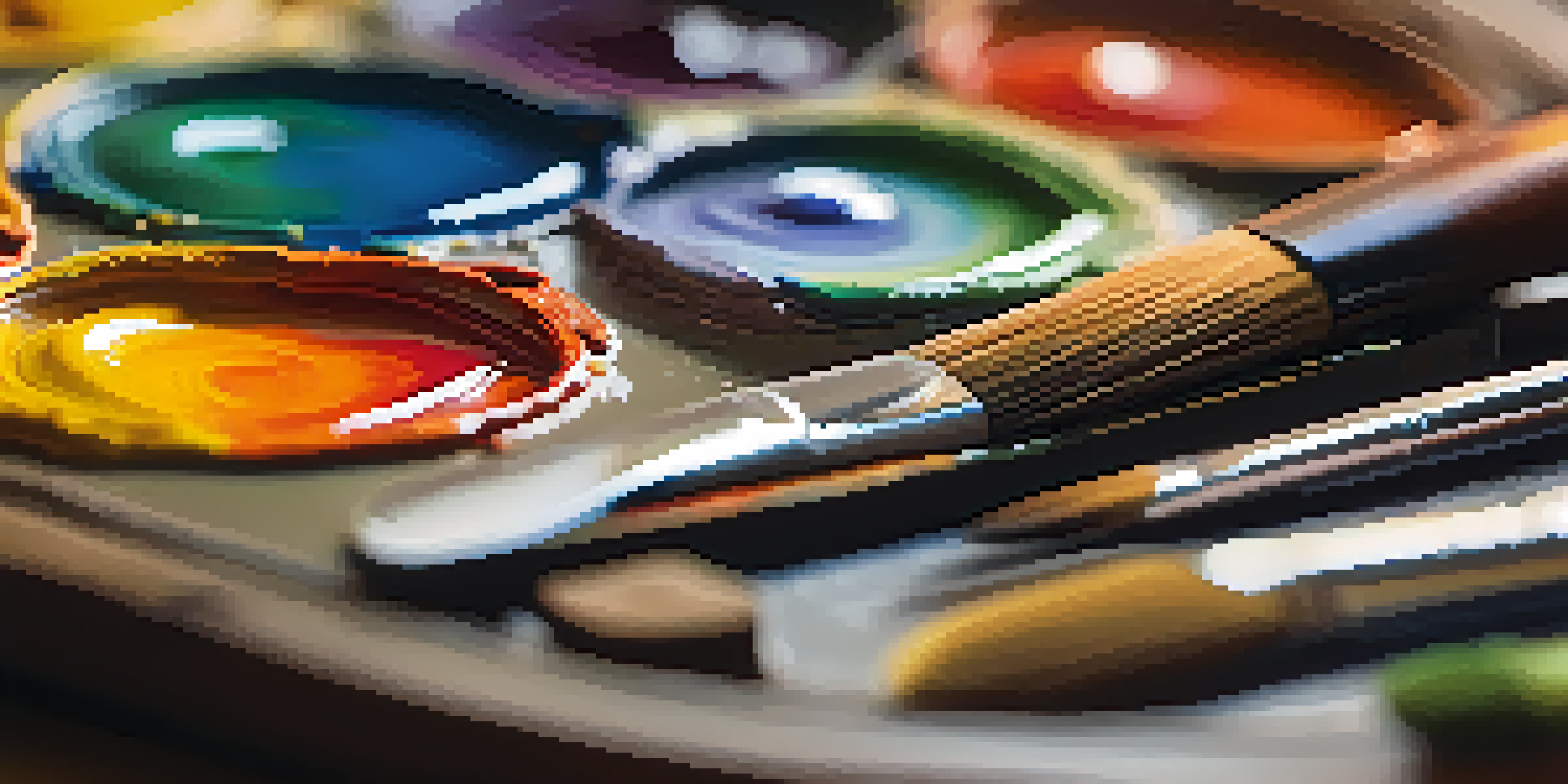 A detailed view of an artist's palette with various colorful oil paints and a brush, set against a softly blurred background.