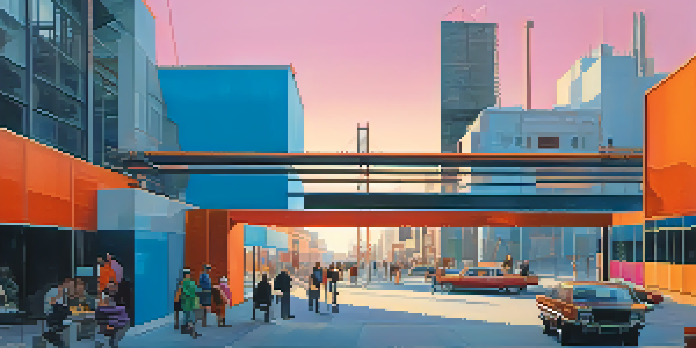 A cityscape inspired by Constructivism, with geometric buildings and public art under a colorful sunset.