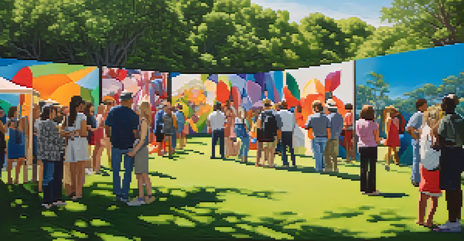 An outdoor art exhibition showcasing large artworks by women artists, with attendees engaging and a vibrant atmosphere created by colorful installations and banners.