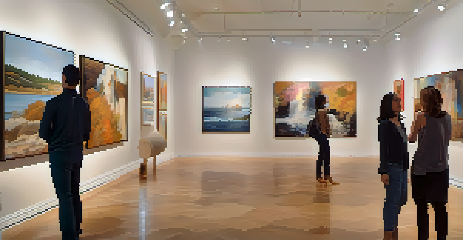 An art gallery featuring contemporary paintings with diverse cultural themes and a group of visitors discussing the artworks.