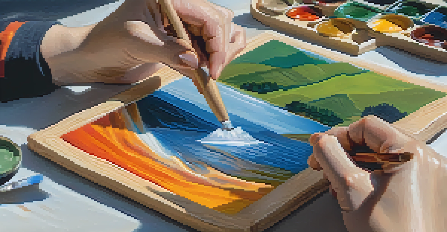 A close-up of an artist's hand blending colorful oil paints on a wooden palette, with a landscape painting in the background.